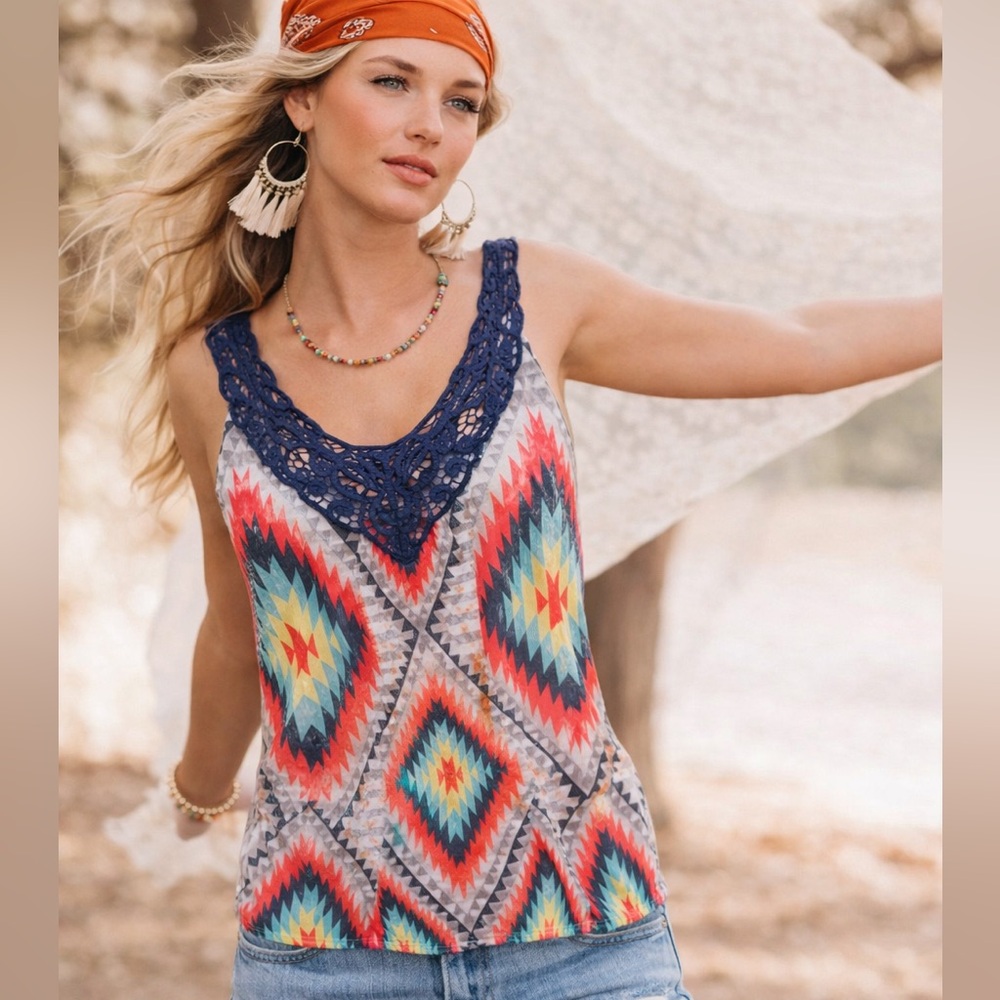 Body Central Bohemian Crochet Tribal Tank Orange Gray Turquoise Size Small Good